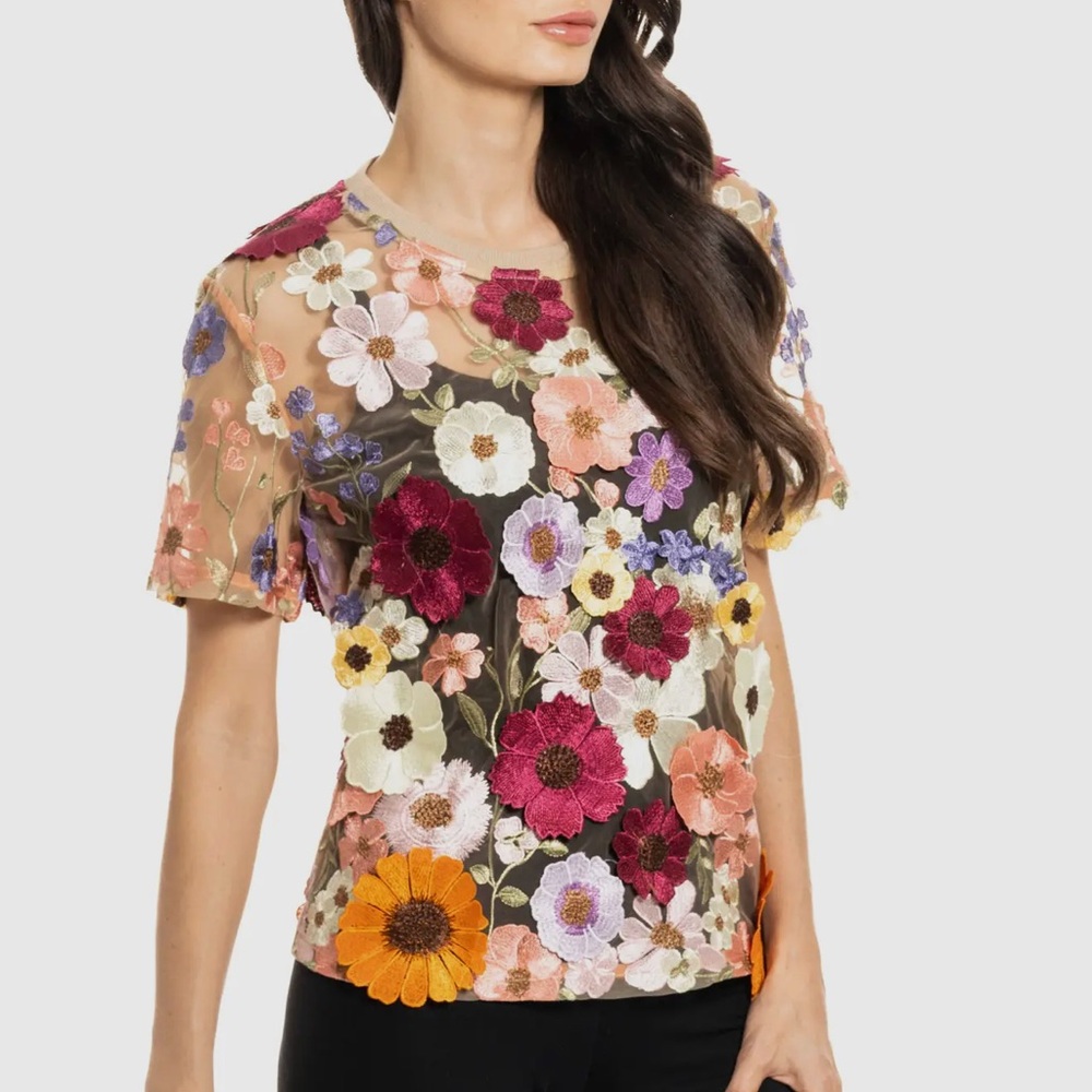 Adore Floral Embroidered Appliqué Sheer Top